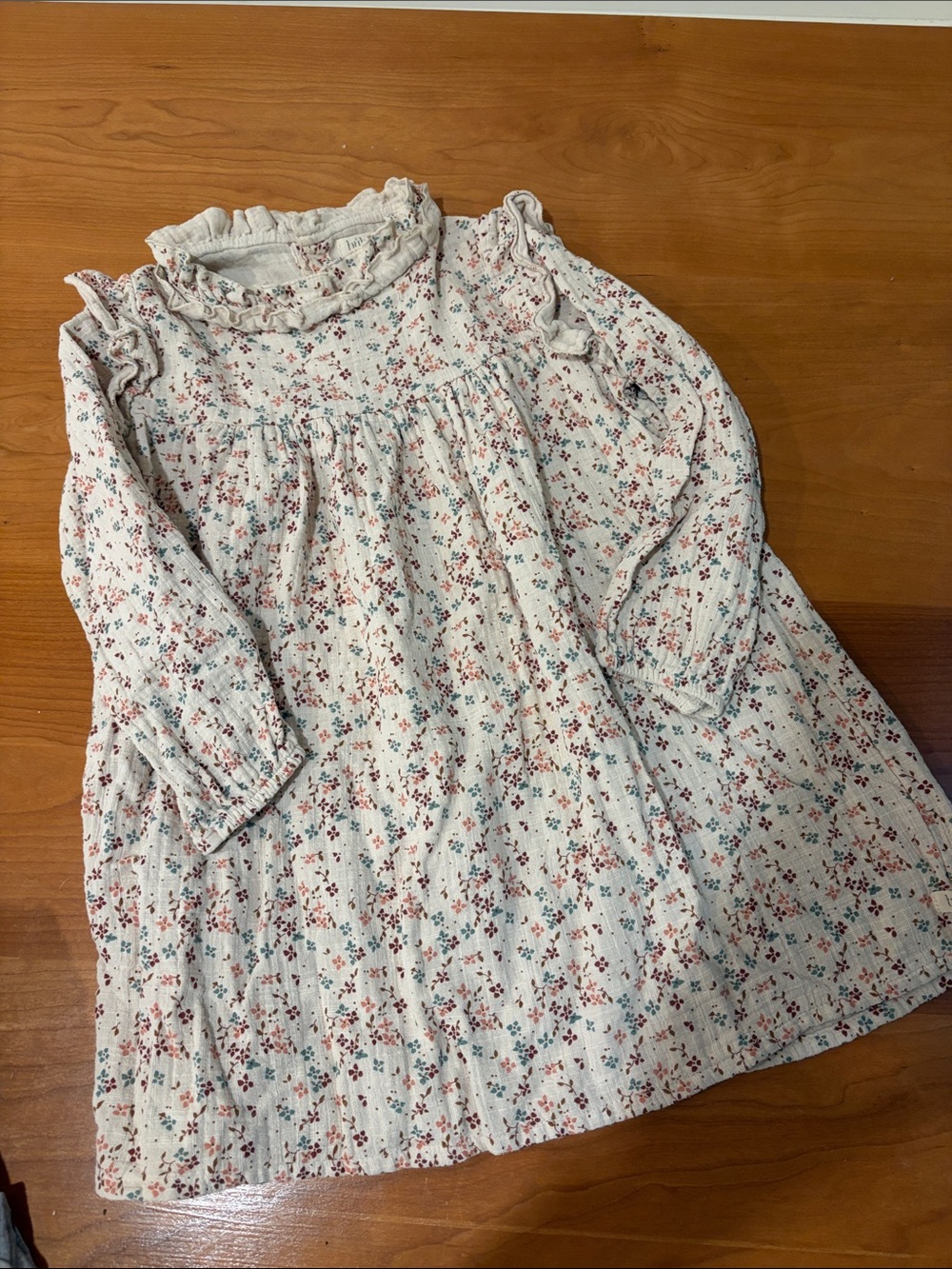 Cream Floral Ruffle Long-Sleeve Dress for Girls
